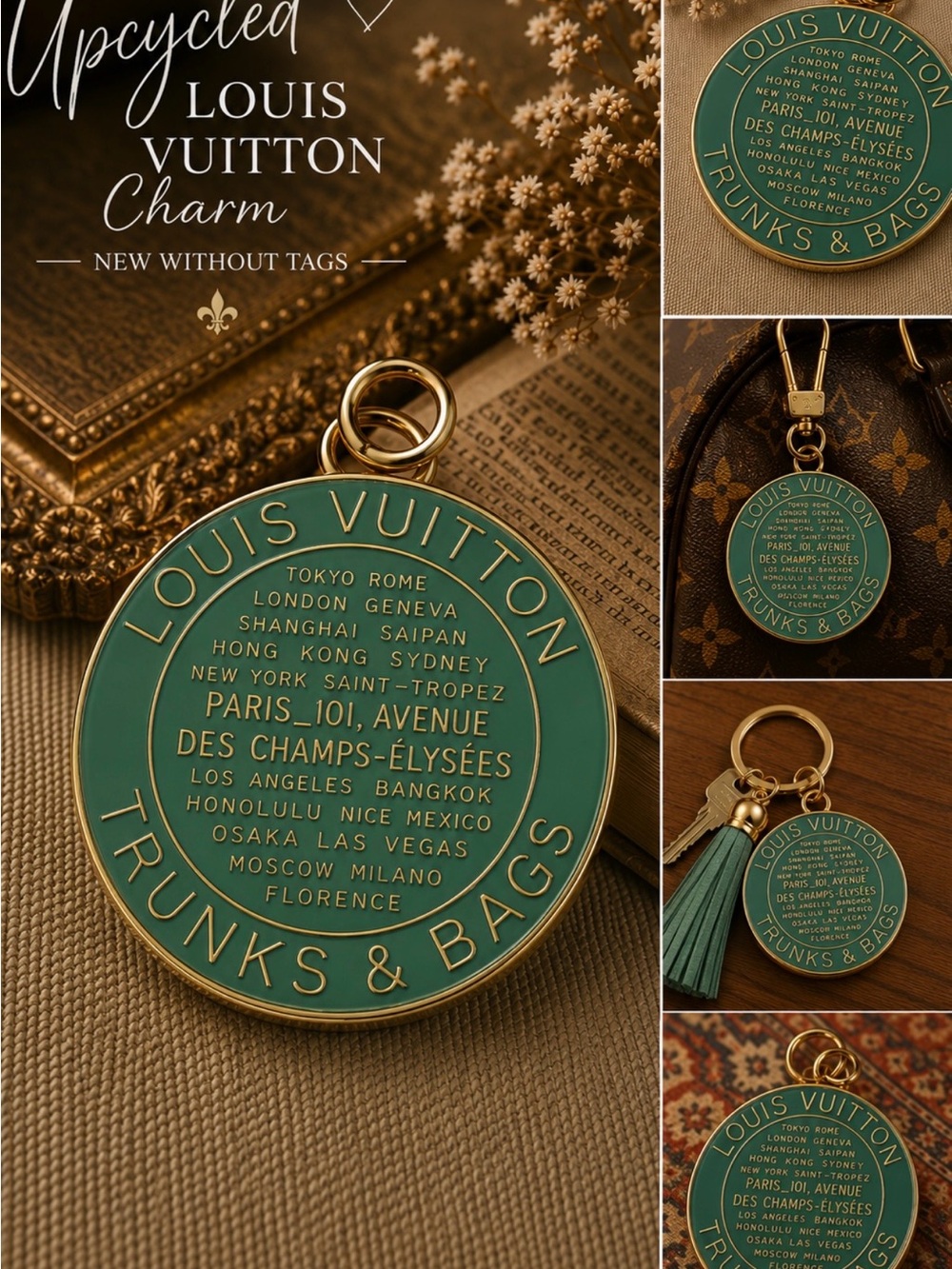 Luxury-Inspired LV Green & Gold Bag Charm | Upcycled Style | New Without Tags